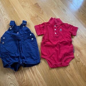 Red Polo Onesie and Navy Overalls Set
